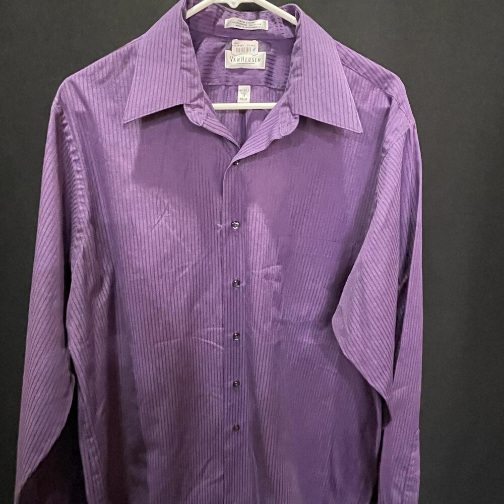 Van Heusen Shirt Mens 17 Purple Satin Stripe Wrinkle Free Point Collar 36/37